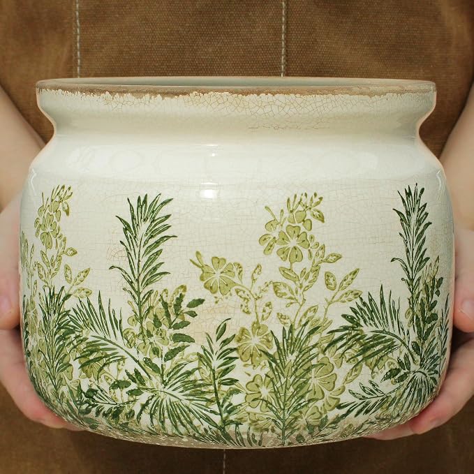 Cottage Ceramic Flower Pots with Decorative Saucer, Plant Lover Gifts | 7.7" Large Indoor Plant Pot, Handmade Antique Crackled Glaze Planter, Rustic Farmhouse Home Decor, Gardening Gifts For Women