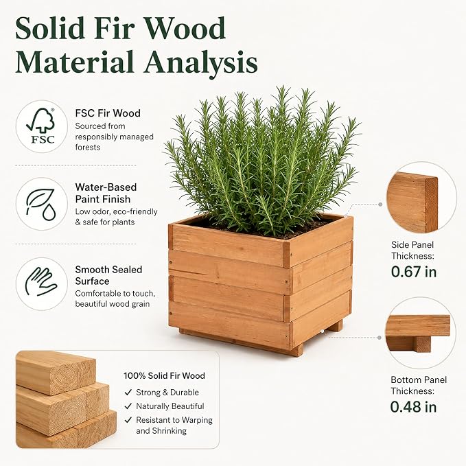 15.75" Square Wooden Planter Box, Fir Wood Planters for Outdoor Plants | 12.6" H Outdoor Planter with 2 Drainage Holes, Mortise & Tenon Corners