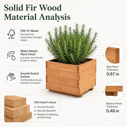 15.75" Square Wooden Planter Box, Fir Wood Planters for Outdoor Plants | 12.6" H Outdoor Planter with 2 Drainage Holes, Mortise & Tenon Corners
