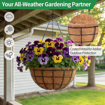 14 Inch Hanging Baskets for Plants Outdoor, 2 Pack Metal Round Wire Hanging Planters with Natural Thick Coco Liners, Garden Patio Decor for Flowers, Herbs, Succulents