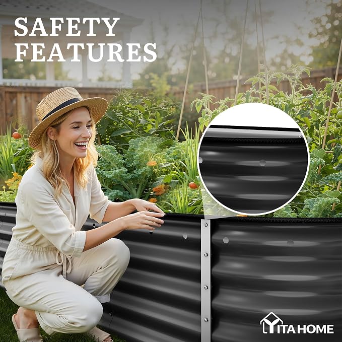 YITAHOME 8x2x1.5ft Galvanized Oval Raised Garden Bed, Metal Planter Box with Safety Rubber, Gloves, Outdoor Flower Bed for Planting Plants Vegetables, Black
