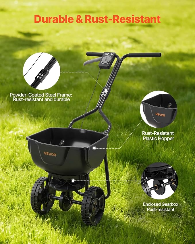VEVOR Broadcast Spreader, 9.8ft Spreading Width, Push Broadcast Spreader with 10" All-Terrain Tires, Adjustable Flow Control, 15lbs Capacity Hopper, Lawn Spreaders for Fertilizer Seed Small Home Use