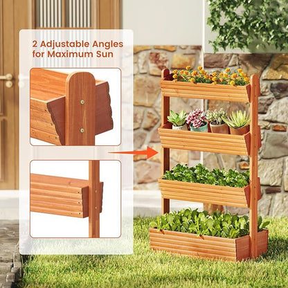 GHWIE Wooden Garden Planter Box, Raised Bed with Vertical Plant Rack, Indoor Outdoor Flower Herb Vegetable Stand (Reddish-Brown, 4 Tier)
