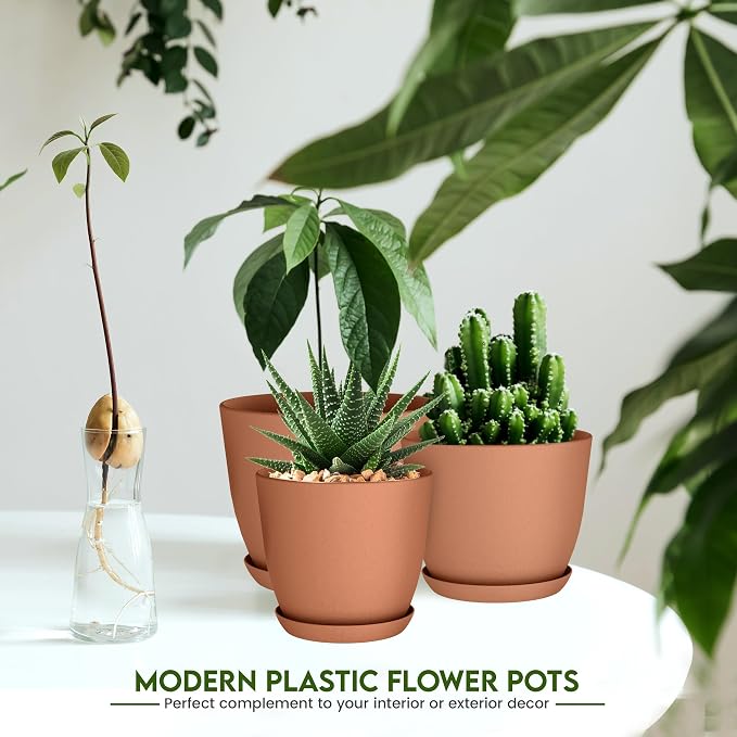 Utopia Home - Plastic Terracotta Pots with Drainage - 7/6.6/6/5.3/4.8 Inches Flower Pots for Indoor Planter - Pack of 5 Plastic Planters, Cactus, Succulents Pot