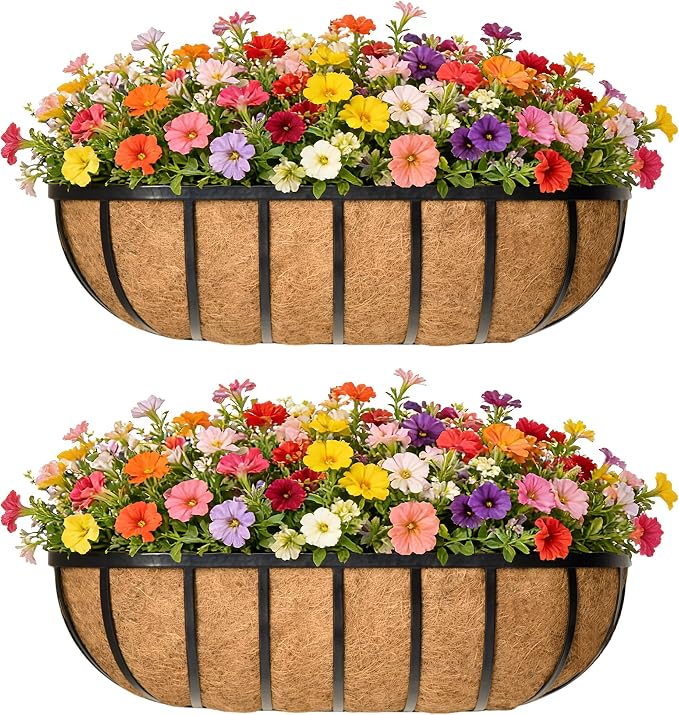 24 Inch Railing Planter Window Box Deck Balcony Rail Planter with Coco Liner Metal Wall-Mounted Coconut Liner Planter Basket English Horse Trough Planters for Outdoor Balcony Porch Fence (2 Pack)