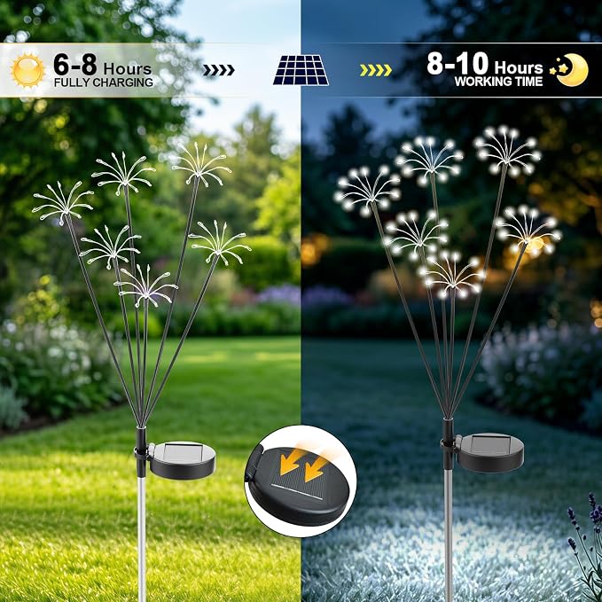 Solar Garden Lights Outdoor, 2 Pack New Upgraded Solar Swaying Starburst Light, Waterproof Fireworks Solar Lights, Yard Patio Pathway Decoration, White