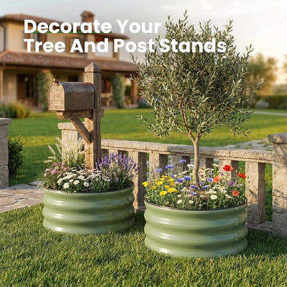WILLOW WEAVE 4 Pcs Round Raised Garden Bed Outdoor, 2x2x1ft Circle Garden Bed, Galvanized Raised Planter Box for Gardening, Metal Raised Beds for Flower, Vegetable, Herb, OliveGreen