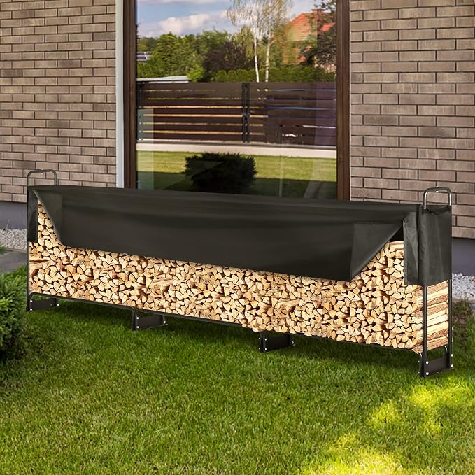 VEVOR 12.7FT Outdoor Firewood Rack with Cover, 152x14.2x46.1in, Heavy Duty Firewood Holder & 600D Oxford Waterproof Cover for Fireplace, Patio, Indoor/Outdoor Log Storage Rack for 3/4 Cord of Firewood