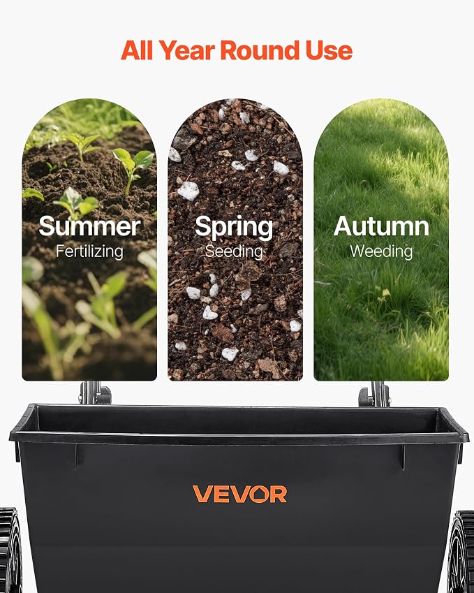 VEVOR Broadcast Spreader, 50LBS Capacity, Drop Spreader with Hopper Grate, 18 in Spreading Width & 30 Settings, 10 in All Terrain Tires, Garden & Lawn Spreaders for Seed, Fertilizer