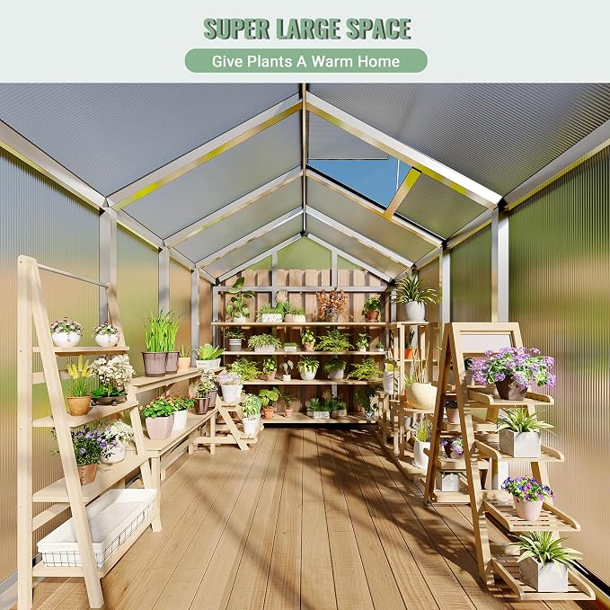 Greenhouse, 6x8 Ft Outdoor Greenhouses, Accessible Green House with Roof Vents and Sliding Doors, Aluminum Frame Polycarbonate Greenhouses, Large Greenhouse for Outdoor Gardens and Backyards, Silver