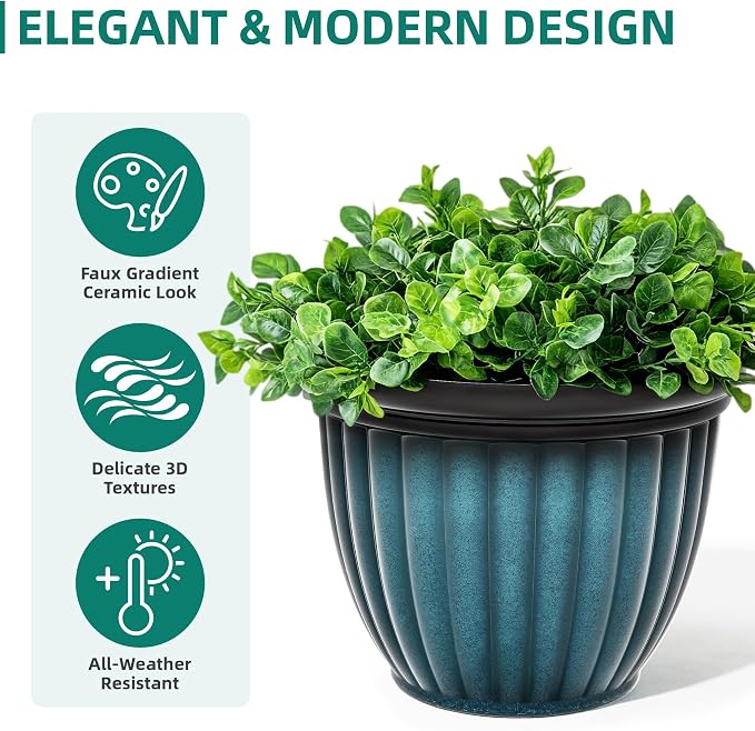15" Large Flower Pots Set of 2 Plastic Planters for Outdoor Plants | Plant Pot with 3D Textures, Gradient Teal Blue Glaze, Weather-Resistant for Porch, Garden, Patio or Indoor Use