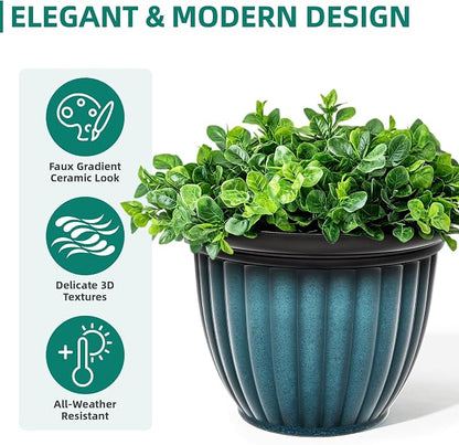 15" Large Flower Pots Set of 2 Plastic Planters for Outdoor Plants | Plant Pot with 3D Textures, Gradient Teal Blue Glaze, Weather-Resistant for Porch, Garden, Patio or Indoor Use
