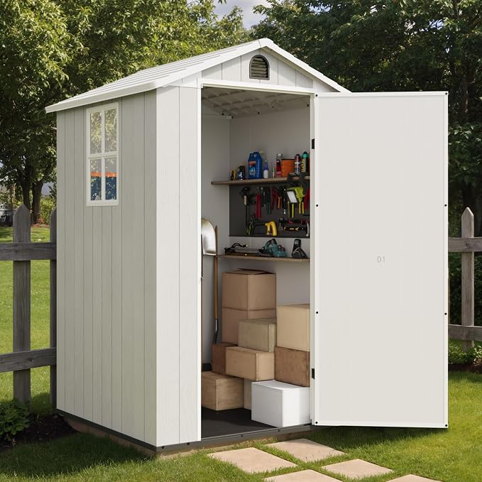 Greesum 4x4FT Plastic Storage Shed with Floor, Resin Outdoor Storaged Sheds with Lockable Door, All Weather Durable Tool Shed with Window and Vent, for Yard, Patio, Garden, Light Gray