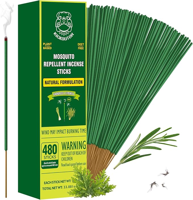 KICKOUTOR Mosquito Incense Sticks with Natural Citronella Oil, 480 Count DEET-Free Outdoor Mosquito Repellent for Patio, Backyard Gatherings & Camping, Up to 1 Hour Against Gnats & No-See-Ums