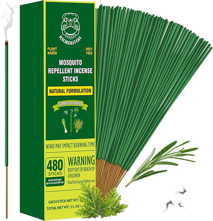 KICKOUTOR Mosquito Incense Sticks with Natural Citronella Oil, 480 Count DEET-Free Outdoor Mosquito Repellent for Patio, Backyard Gatherings & Camping, Up to 1 Hour Against Gnats & No-See-Ums