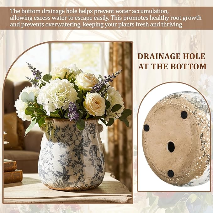 Ceramic Scroll Planter 6.5 Inch Chinoiserie Floral Vase with Drainage Holes Vintage Flower Vase Flower Pot Rustic Ceramic Pots for Indoor Plants Garden Home Bookshelf Decor(Gray Glaze)