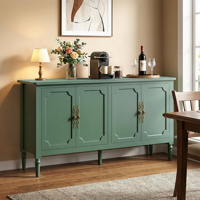 RoyalCraft 118" Buffet Cabinet with Storage, Vintage Sideboard with Adjustable Shelves, Mid Century Modern Painted Credenza Coffee Bar for Kitchen, Dining Room, Entryway, Living Room, Forest Green