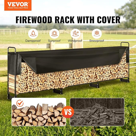 VEVOR 12.7FT Outdoor Firewood Rack with Cover, 152x14.2x46.1in, Heavy Duty Firewood Holder & 600D Oxford Waterproof Cover for Fireplace, Patio, Indoor/Outdoor Log Storage Rack for 3/4 Cord of Firewood