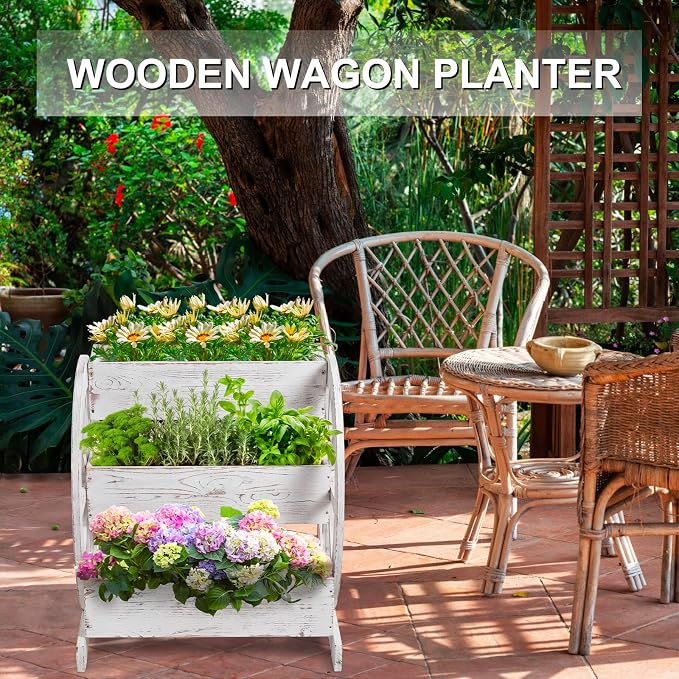 Beeveer Wooden Wagon Planter Box Garden Planter for Outside with Drainage Holes Decorative for Patio Garden Balcony Vegetables Flowers Herbs (Washed Antique White)