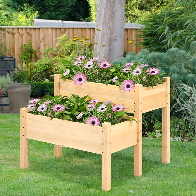 COSTWAY Raised Garden Bed, 2-Tier Wooden Elevated Planter Box Stand with Legs for Vegetables, Flowers Herbs, Outdoor Indoor Garden Bed Kits for Backyard, Patio, Balcony Patio, Natural