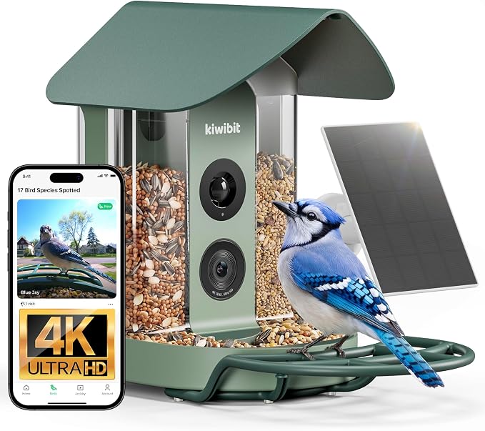 Kiwibit Smart Bird Feeder with 4K AI Camera Solar Powered | AI Identification Bird Species 10,000+, 4K Video Live Stream, 8MP Photos, Real-Time Bird Alert, Backyard Birdwatching Gift
