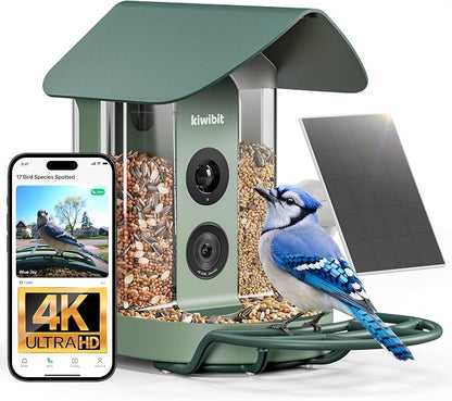 Kiwibit Smart Bird Feeder with 4K AI Camera Solar Powered | AI Identification Bird Species 10,000+, 4K Video Live Stream, 8MP Photos, Real-Time Bird Alert, Backyard Birdwatching Gift