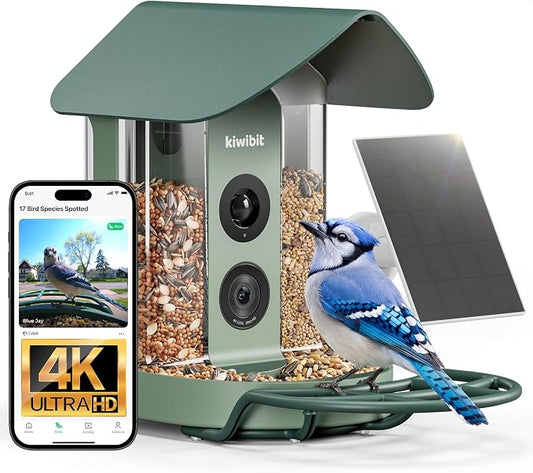 Kiwibit Smart Bird Feeder with 4K AI Camera Solar Powered | AI Identification Bird Species 10,000+, 4K Video Live Stream, 8MP Photos, Real-Time Bird Alert, Backyard Birdwatching Gift