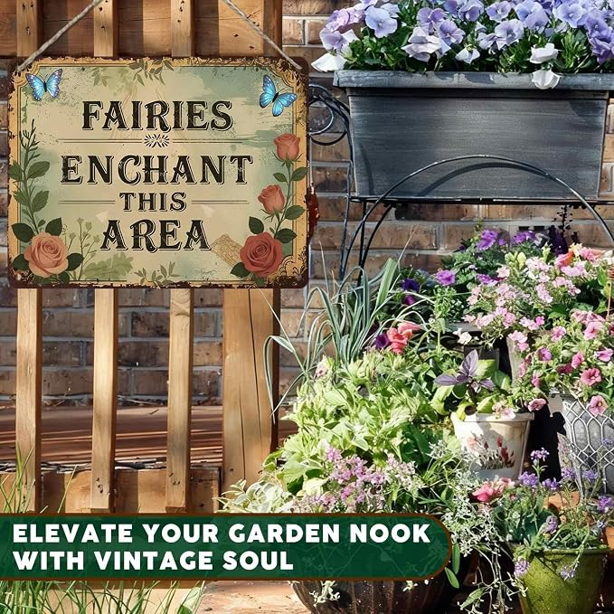PEACHGARDEN Funny Garden Signs Vintage Metal Tin Sign Enchanted Fairy Wall Art Decor for Garden Patio Yard Plant Room Greenhouse She Shed 12x16 inch