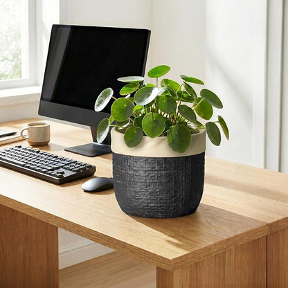 8 Inch Planter - Ceramic Pots for Plants with Drainage Hole and Plug, Round Unique Flower Pots for Indoor Plants, Boho Decorative Plant Pot, Apartment Decor, Gardening Gifts for Women, Black