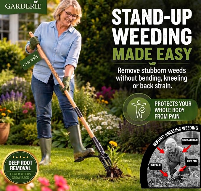 Premium Stand Up Weed Puller Tool with Long Bamboo Handle – Garden Weeder & Remover, 4-Claw Steel Head, Dandelion Digger for Lawn Care – Gardening Gift for Grandpa & Dad