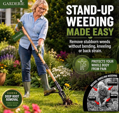Premium Stand Up Weed Puller Tool with Long Bamboo Handle – Garden Weeder & Remover, 4-Claw Steel Head, Dandelion Digger for Lawn Care – Gardening Gift for Grandpa & Dad