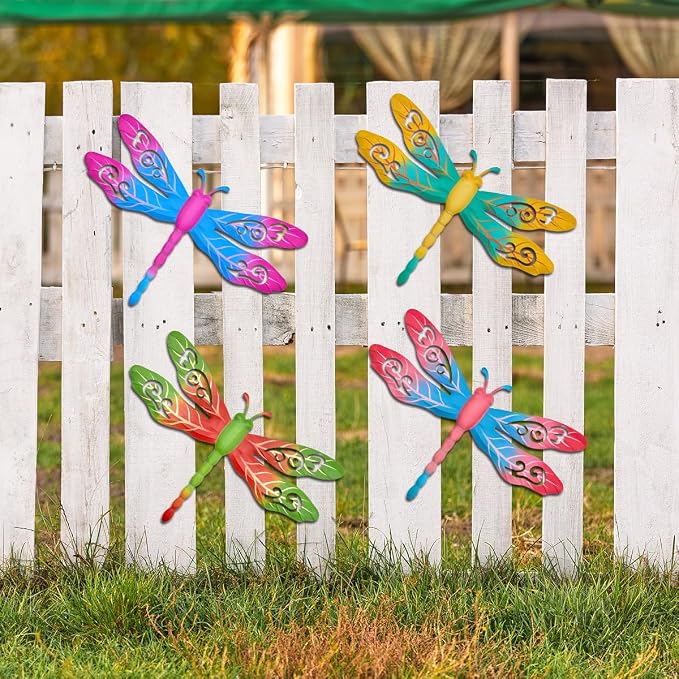 Outdoor Metal Dragonfly Wall Decor, 4 Pack 14inch Metal Dragonfly Wall Hanging Sculpture Decor for Yard Patio Fence Garden Outside Exterior Decorations