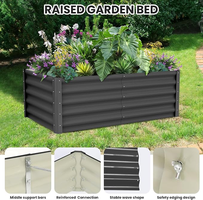 GarveeHome 6 * 3 * 1.5FT Raised Garden Bed Kit, Galvanized Raised Garden Beds Outdoor for Gardening, Above Planter Boxes, Large Garden Bed for Vegetables, Fruits, Dark Grey, 2 Pcs