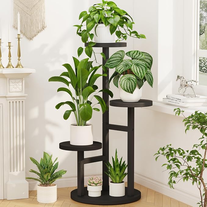 LASZOLA 3 Tiered Wood Plant Stand Indoor Corner, Flower Holder Rack Tall for Multiple Plants, Rustic Planter Shelf Display for Patio Garden Balcony Living Room, Black