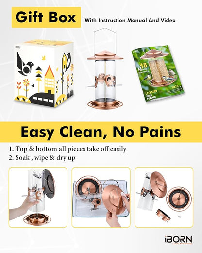 iBorn Metal Bird Feeder for Outside Hanging,Wild Bird Feeders for Cardinal,17.8cm Large Roof&Tray Brushed Copper 10 Port(Seed is not Included)