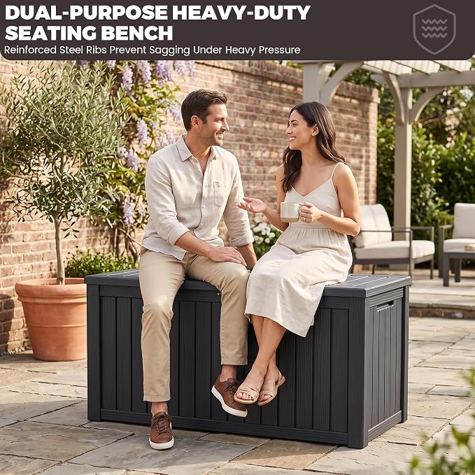 Outdoor Storage Box, 180 Gallon Waterproof Deck Box [Upgraded 3.1], Large Resin Storage with Hydraulic Gas Lifts for Cushions, Lawn Mower Tools Chest Bench, Large Backyard, Black