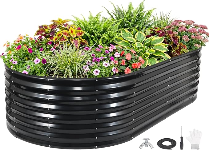 24" Tall Galvanized Raised Garden Bed Outdoor, 8x4x2ft Deep Metal Planter Box with Safety Edging & Support Bars, Large Oval Raised Beds for Gardening Plants Vegetables Herbs Flowers (Dark Grey)