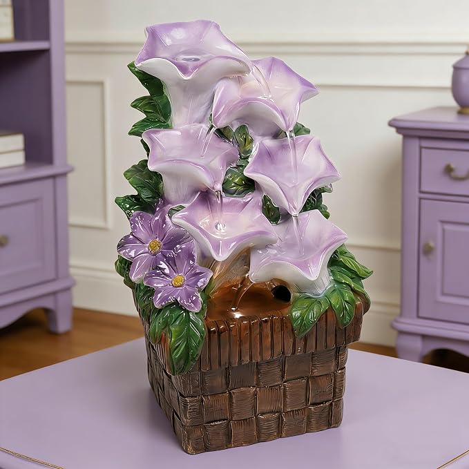 Tabletop Water Fountain Purple Water Fountains Indoor Morning Glory Themed Lavender Desk Fountain with Light for Home Heavenly Blue Zen Water Fountain for Room Relaxation Meditation(Lavender)