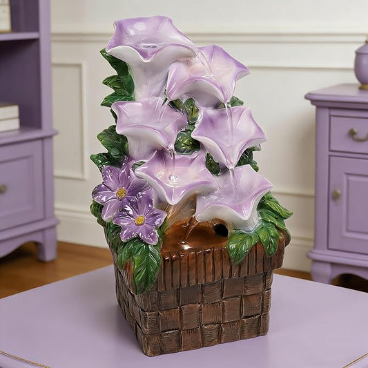 Tabletop Water Fountain Purple Water Fountains Indoor Morning Glory Themed Lavender Desk Fountain with Light for Home Heavenly Blue Zen Water Fountain for Room Relaxation Meditation(Lavender)