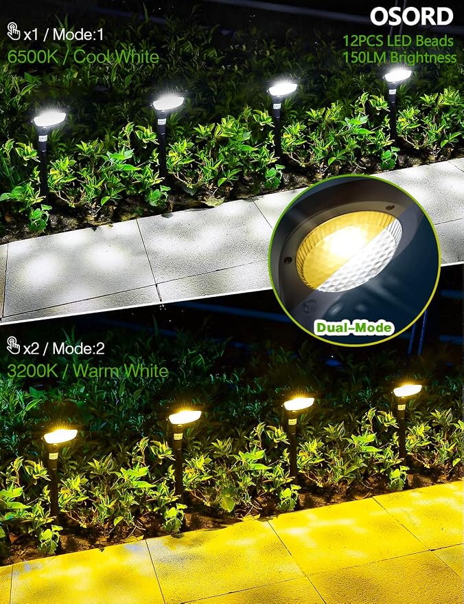 Solar Pathway Lights Outdoor 4 Pack - 150 LM High Bright Solar Lights Outdoor Waterproof IP65, Warm/Cool 2 Color Modes, Landscape Path Light for Walkway Driveway Garden Yard Patio