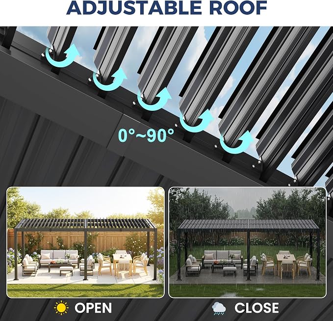 12' x 20' Louvered Pergola, Aluminum Frame Outdoor Pergola with Adjustable Louvered Roof & Integrated Gutter System, Hardtop Patio Gazebo for Backyard, Patio, Garden, Dark Gray