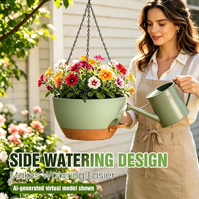 10 Inch Self-Watering Hanging Planters Set of 3 with Saucers | Set of 3 10-inch self-watering hanging planters with extra growing space, side-fill ports, chain hangers & snap-on saucers