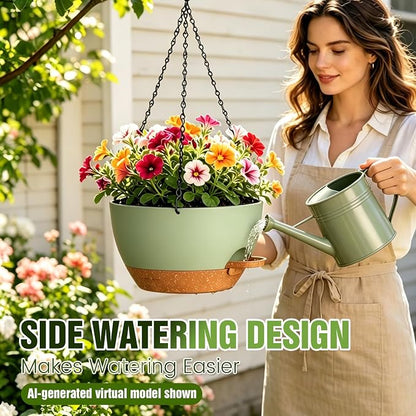 10 Inch Self-Watering Hanging Planters Set of 3 with Saucers | Set of 3 10-inch self-watering hanging planters with extra growing space, side-fill ports, chain hangers & snap-on saucers