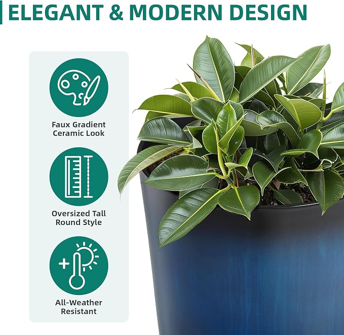 2-Pack 23.75" Cobalt Blue Round Tall Planters with Drainage Holes | Set of 2 PP tall planters with cobalt glaze look, drainage plugs, and UV-treated finish for porch, patio, or entryway