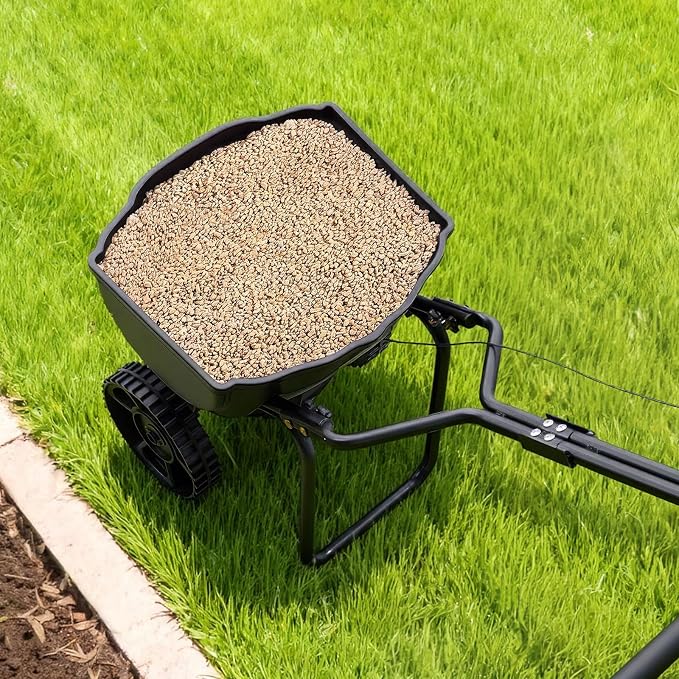 VEVOR Broadcast Spreader, 9.8ft Spreading Width, Push Broadcast Spreader with 10" All-Terrain Tires, Adjustable Flow Control, 15lbs Capacity Hopper, Lawn Spreaders for Fertilizer Seed Small Home Use