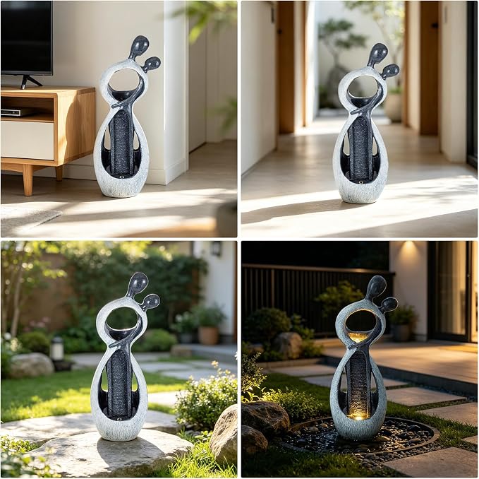 39.8" H Large Outdoor Water Fountain, Floor Garden Waterfall Feature, Modern Abstract Couple Resin Statue with LED Light, Fountain for Porch Yard Backyard Patio, Living Room Decor