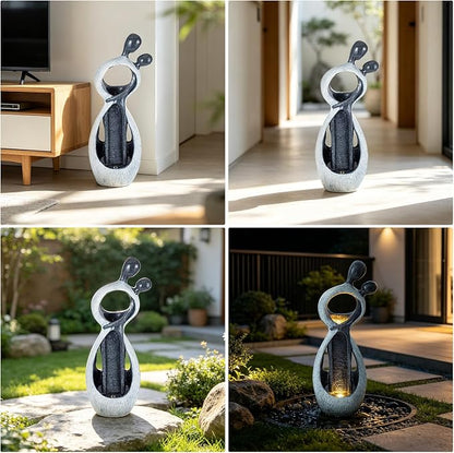 39.8" H Large Outdoor Water Fountain, Floor Garden Waterfall Feature, Modern Abstract Couple Resin Statue with LED Light, Fountain for Porch Yard Backyard Patio, Living Room Decor