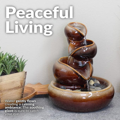 Sunnydaze Tiered Vessels Ceramic Tabletop Water Fountain - Relaxing Indoor Fountain for Office, Bedroom, or Living Room - Brown