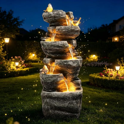 39.4" Stacked Rock Outdoor Fountain LED 6-Tier Bird Waterfall | hand-carved stone with birds, garden patio porch backyard
