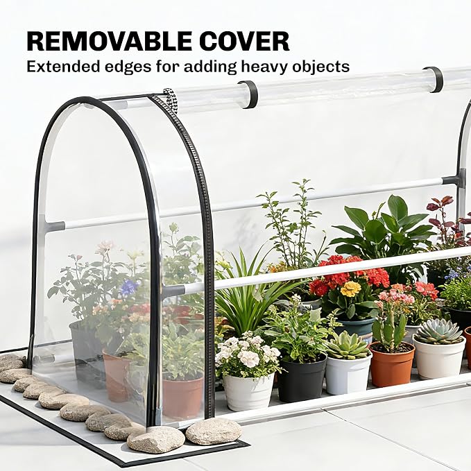 Outsunny Raised Garden Bed with Flip-Up Greenhouse Cover, Metal Elevated Garden Bed with Legs and Drainage Hole, Outdoor Raised Planter Box for Vegetables Herbs Flowers, 39.4" x 19.3" x 53.5", White